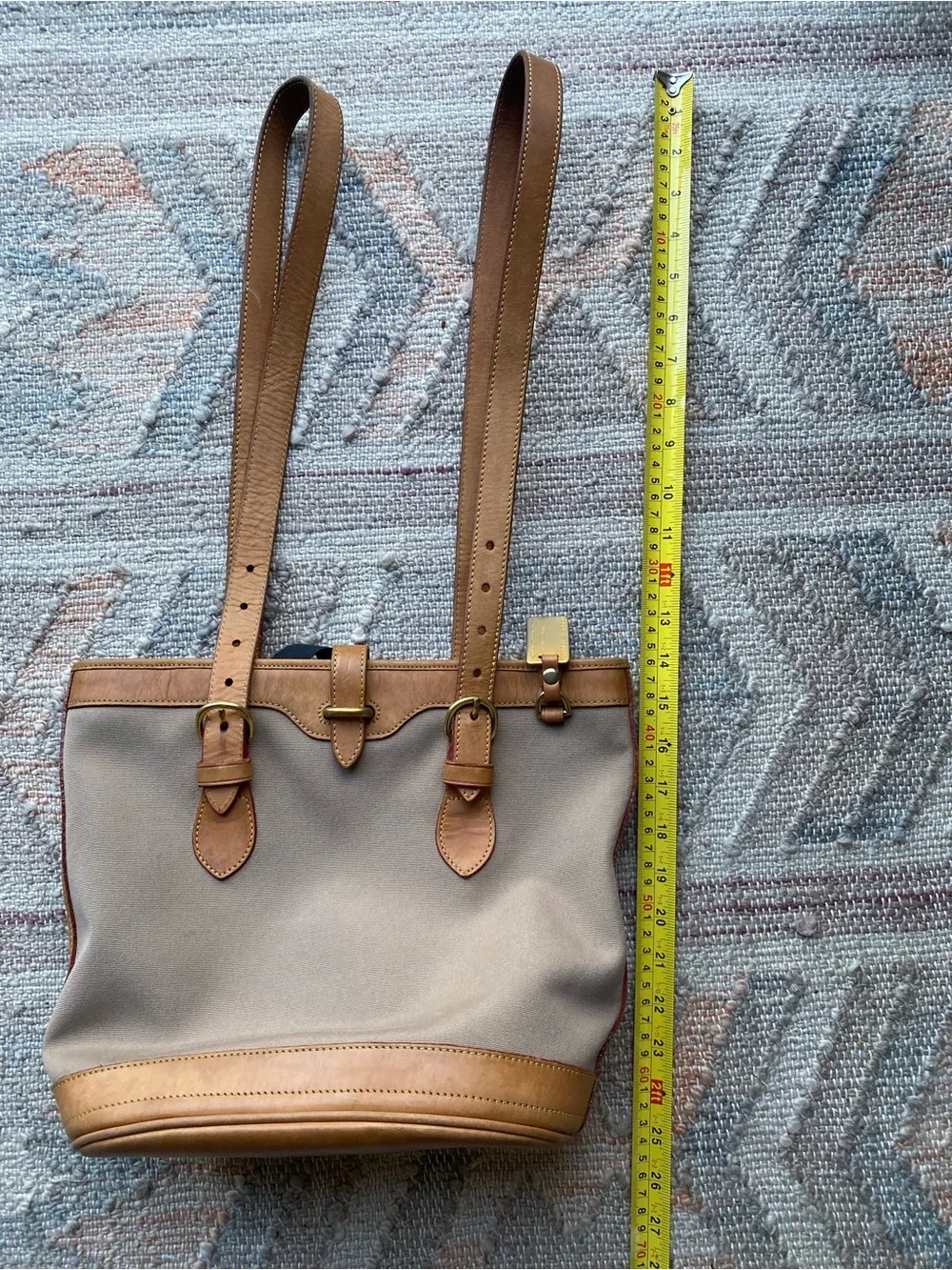 Vintage Dooney & Bourke Cabriolet Bucket Bag Taupe Canvas Tan Vachetta Leather